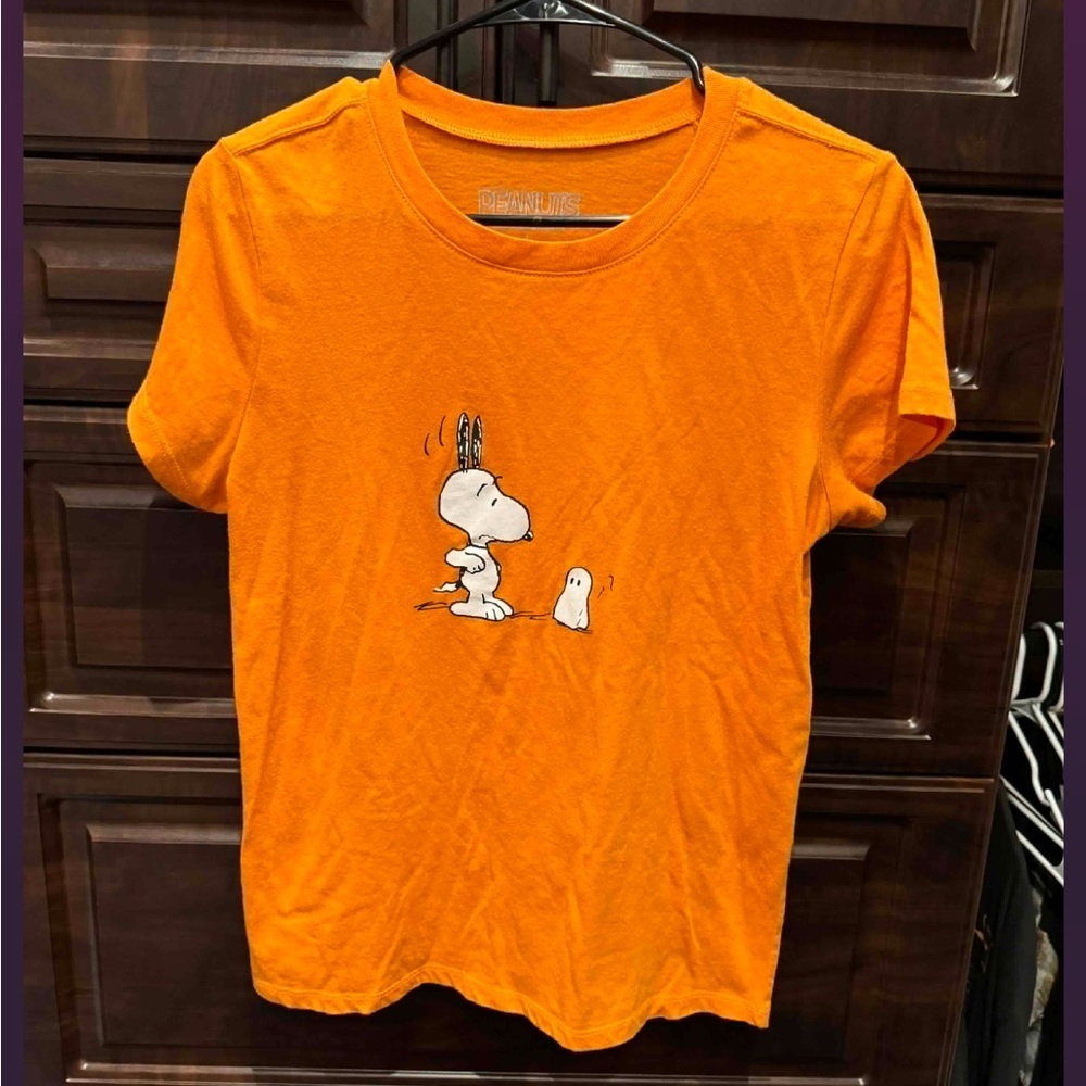 Peanuts Orange Short Sleeve Tee with Cartoon Design LARGE JUNIORS
